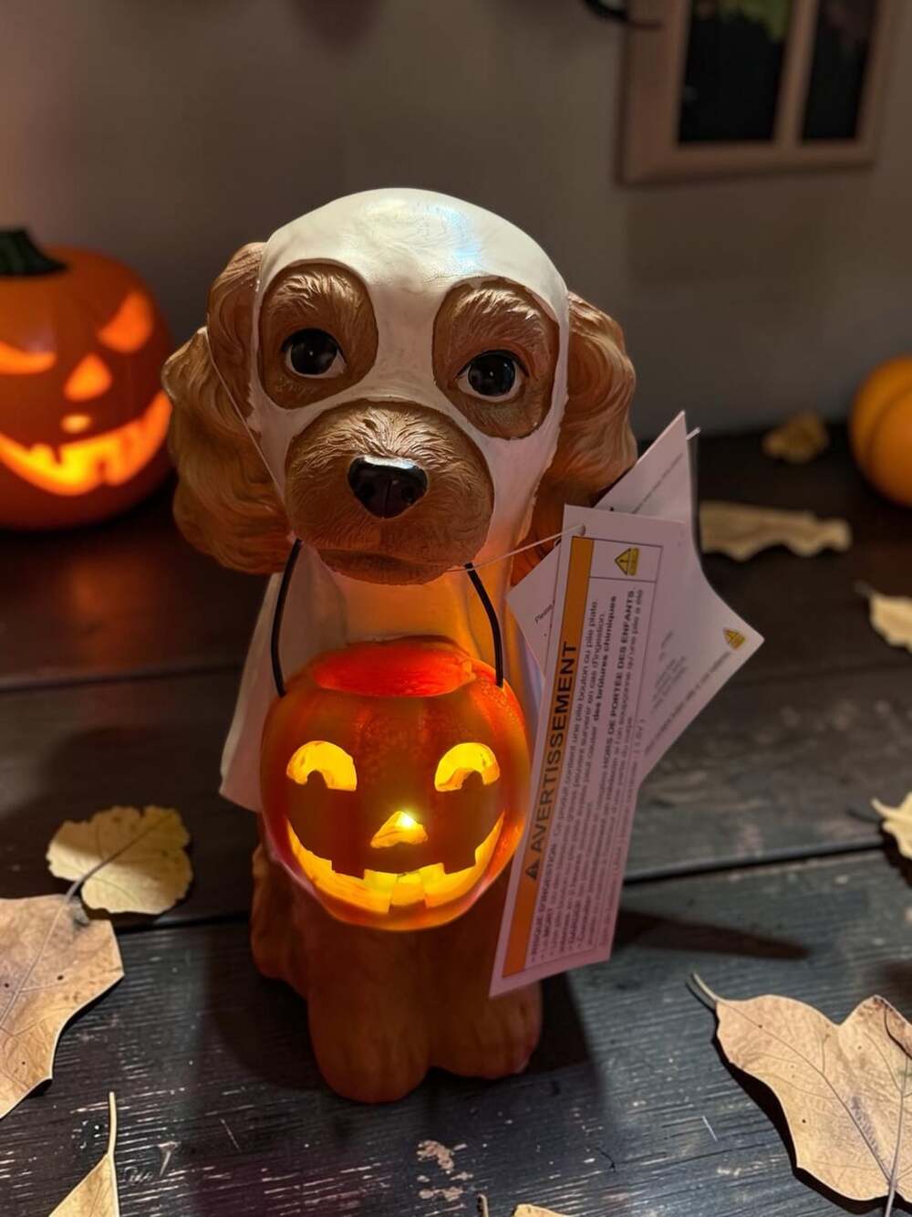 Ghost Dog Light Up Halloween Statue With Pumpkin Bucket